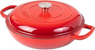 Cast Iron Dutch Oven with Lid – Non Stick Shallow Dutch Oven Pot, Oven Safe up to 500° F – Sturdy Cooking Pot – Enamelled Stockpot Cookware – Red, 3.7-Quart, 30cm – by Nuovva