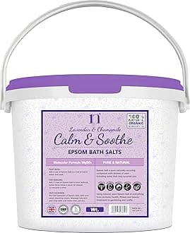 Scented Epsom Salt Calm & Soothe Salts with Lavender & Chamomile Bucket Food Grade Magnesium Sulphate Foot Soak Salts Bath Epsom Salts (Lavender & Soothe, 1KG)