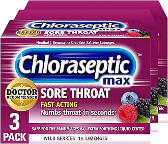 Chloraseptic Max Strength Sore Throat Relief Lozenges, Wild Berry, Drops with Liquid Center to Numb Sore Throat, 15 Count, Pack of 3