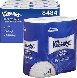 – Kleenex Toilet Roll, 4-Ply Premium Quilted Toilet Paper, Soft, Flushable, FSC Certified, Luxury Bathroom Tissue, 24 Rolls x 160 Sheets (3,840 Sheets Total), model nr. 8484