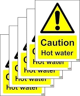 Caution Hot Water Safety Sign - Self Adhesive Sticker 100mm x 75mm (Pack of 5 Stickers)
