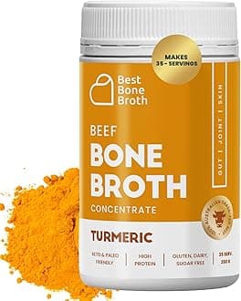BEEF BONE BROTH CONCENTRATE Turmeric Flavor Grass Fed - Made from Australian Cattle - full of protein & collagen | 35 servings/ 2.25 GL of broth | Just add water | Keto & Paleo Friendly | Sippable