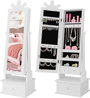 Costzon Kids Jewelry Armoire Cabinet, 45” Standing Jewelry Organizer with Full-Length Mirror, 3 Storage Drawers, Kids Vanity Dress Up Mirror Jewelry Cabinet for Girls (White)