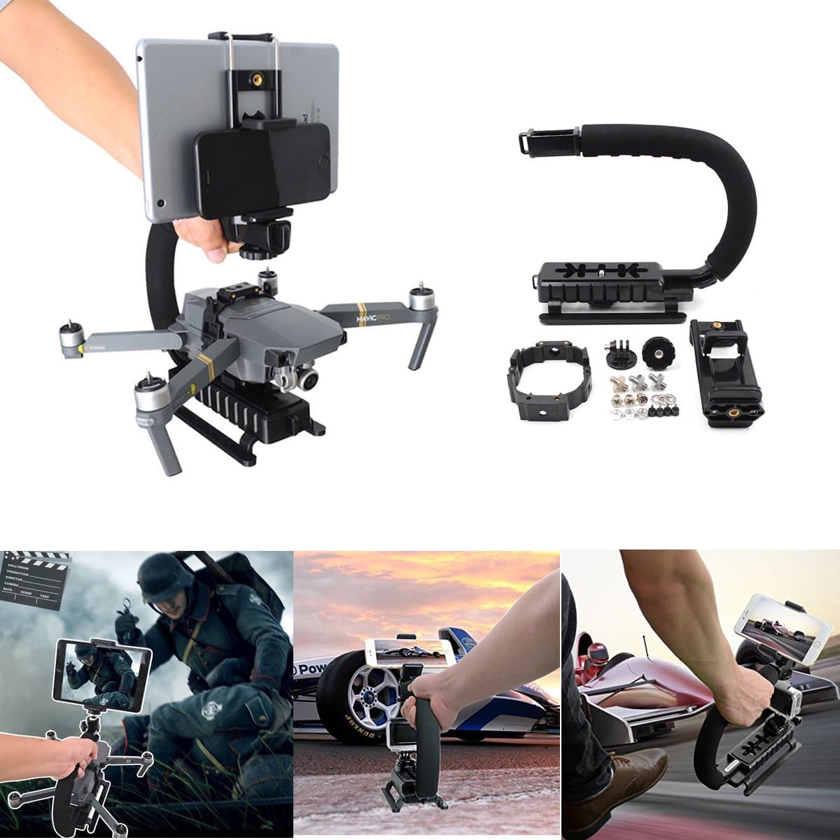 yuntu Cinema Tray Handheld Stabilizer Low Angle Shooting Handle Grip C-Shape Camera Rig For DJI Mavic Pro/Platinum/DSLR cameras/DV Phone Tablet Clip for iPad Smartphone