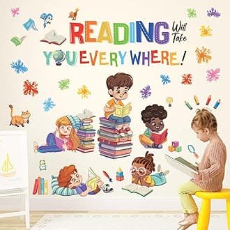 DECOWALL SG2-2404 Kids reading corner Wall Stickers Decals Reading Room ABC Décor Classroom Playroom Library Nursery Peel and Stick Removable Baby Boys Girls Decorations School Inspirational