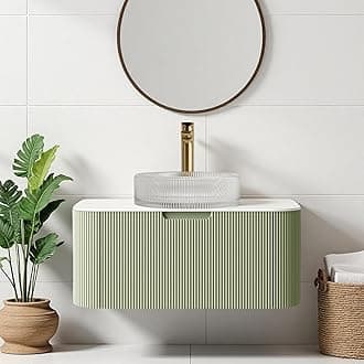 30" Solid Wood Bathroom Vanity with Sink, Floating Bathroom Cabinet with Ultra-Thin Crystal Glass Sink and Marble Countertop, Large Storage Drawer, No Assembly Required, Light Green