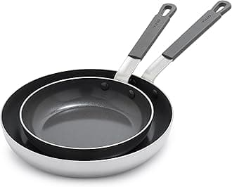 x Bobby Flay Stainless Steel 8” & 10” Frying Pan Skillet Set, Professional Grade Tri-Ply, Multiclad, PFAS-Free Ceramic Nonstick, Induction Suitable, Dishwasher & Oven Safe, Stay Cool Handle