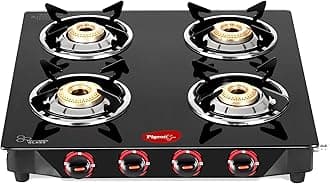 Pigeon by Stovekraft Aster 4 High Powered Brass Burner Gas Stove, Cooktop with Glass Top and Stainless Steel body, Manual Ignition (Black)