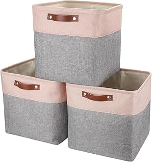 Mangata Storage Boxes, Set of 3 Fabric Storage Cubes with Handles(33x38x33cm, Grey Pink)