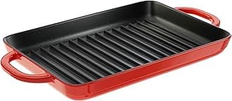 Lodge 12.5 x 8 Inch Enamel Cast Iron Grill Pan - Dual Assist Handles - Use in the Oven, on the Stove, on the Grill, or Over a Campfire - Red