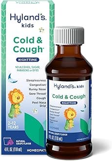 Hyland's Naturals Kids Cold & Cough, Nighttime Grape Flavor Cough Syrup Medicine for Kids Ages 2+, Decongestant, Sore Throat, Allergy & Sleeplessness Relief of Common Cold Symptoms, 4 Fl Oz