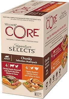 – Wellness CORE Signature Selects 8 x 79g, Beef, Chicken & Turkey Selection – Wet Cat Food, Tender Chunks in Sauce, Grain-Free, Natural, Hypoallergenic, Protein-Rich, High Meat Content