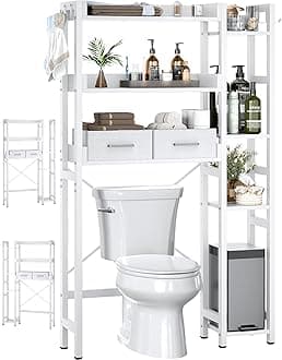 Over The Toilet Storage with 2 Drawers - 7 Tier Bathroom Organizer with Adjustable Shelf, Freestanding Space Saver Storage Rack Above Toilet Stand with 4 Hooks for Restroom, Laundry, White