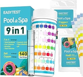 9-Way Pool Test Strips, 140 Strips for Hot tub and Spa, Accurate Testing pH, Total Chlorine, Free Chlorine, Bromine, Alkalinity, Total Hardness, Cyanuric Acid, Salt and Copper