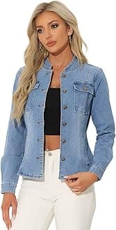 Casual Denim Jacket for Women's Classic Stand Collar Long Sleeve Jean Jacket