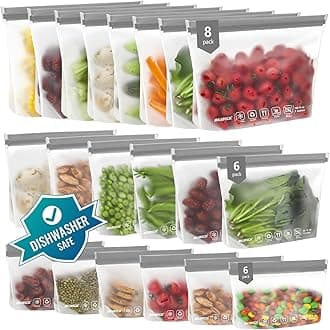 Food Storage Containers, BPA Free PEVA Reusable Gallon Freeezer Bags, Reusable Quart Size Sandwich Bag, Leakproof Baggies for Travel, Lunch, Healthy Food (8Gallon 6Quart 6Snack, Grey)