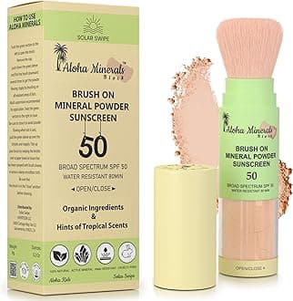 Aloha Minerals Block Brush-On Mineral Powder Sunscreen For Face, SPF 50, Water Resistant, Broad Spectrum, Natural Mineral Blend, Oil Abrosbent, Tropical Scent, Carrot Seed Extract, 0.21oz