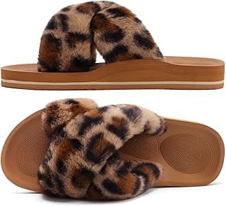 COFACE Womens Fuzzy Slides Fluff Faux Fur Cross Slippers Open Toe Yoga Mat House Slipper Sandals With Arch Support For Indoor/Outdoor
