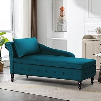 Upholstered Chaise Lounge with Left Armrest & Lumbar Pillow,Button Tufted Lounge Sofa with Storage,Lounge Chair Indoor,Modern Velvet Lounge Chair for Bedroom, Living Room and Office,Teal