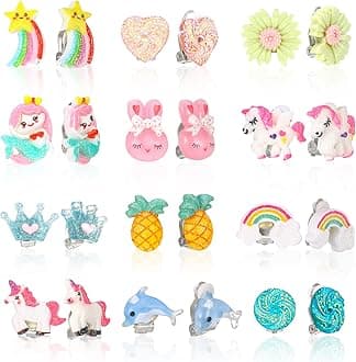 12 Pairs Kids Clip On Earrings for Girls, No Pierced Design Rainbow Earrings for Kids, Princess Clip-on Stud Set, Dress Up Princess Jewelry Accessories