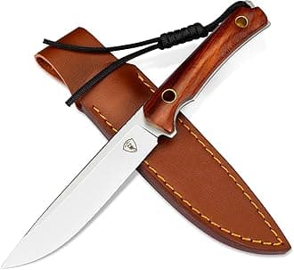 AUBEY Fixed Blade Hunting Knife, 4.52 inch D2 Steel Blade Survival Knife with Leather Sheath Wood Handle, Full Tang Camping Knife for Men Women
