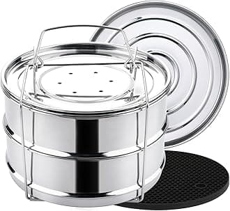 Stackable Steamer Insert Pans with Sling for Instant Pot Accessories 6/8 qt - Pot in Pot, Baking, Casseroles, Lasagna Pans, Food Steamer for Pressure Cooker, Upgrade Interchangeable Lids