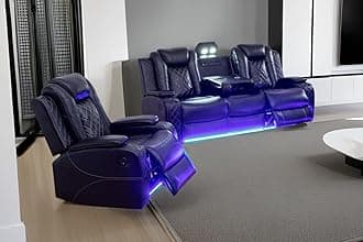 A Ainehome Living Room Furniture Power Recliner Set, Leather Sectional Sofa Set for Living Room, Home Theater, with LED Lights, Hide-Away Storage(B-Black,Sofa+Chair)