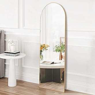 DUMOS Arched Full Length Mirror with Stand 59"x16" Floor Standing Aluminum Frame for Bedroom Body Hanging Leaning Modern Simple Home Decor Shatter-Proorf Nano Glass Wall Living Room Cloakroom Gold