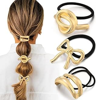 3PCS Gold Hair Ties for Women, Stretchy Metal Hair Ties for Thick Hair, Non-Damage Gold Ponytail Cuff Holders, Elegant Geometric Hair Accessories for Women, 3 Styles in Box Perfect Holiday Gift