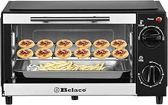 belaco New BTO-109N Mini 9L Toaster Tabletop Cooking Portable Oven 750w 60 min Timer 100-230° Stainless Steel Heating Tube incl. Baking Tray & Wire Rack, Tempered Glass, 750 W, 9 liters
