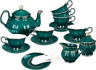 fanquare 21 Piece Vintage Porcelain Tea Set, Dark Green China Coffee Service for 6, Teapot, Small Tea Cup with Gold Trim