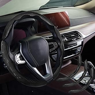 WOCOCN Steering Wheel Cover,Carbon Fiber Car Steering Wheel Cover with Non-Slip Lining,Universal Fit Most of Car Interior Accessories (Bright Black 3PCS)