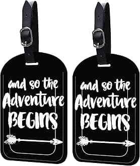 2 Pack Luggage Tags Adventure Begins PU Leather Baggage Handbag Suitcase Tags with Secure Strap Privacy Cover ID Labels,Business Travel Baggage Tag Identifier