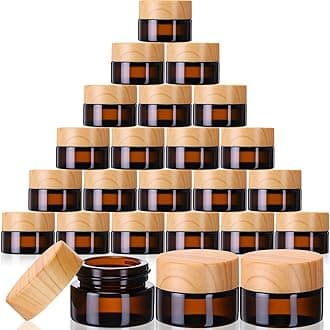 Geiserailie 24 Pcs 5 Gram Glass Cosmetic Jars with Lids Small Empty Sample Jars with Inner Liners Leak Proof Lids Makeup Sample Containers for Cream, Lotions, Powders and Ointments DIY (Amber)