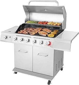 Royal Gourmet GA6402S 6-Burner Propane Gas Grill with Side Burner and Warming Rack, 74,000 BTUs, Cabinet Style Outdoor BBQ Grill for Barbecue Grilling & Backyard Cooking, Silver