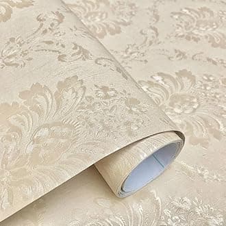 - Floral Damask Wallpaper 45x300 cm Beige Embossed Pattern Decorative Wall Sticker for Living Room Bedroom Home Interior DIY Self Adhesive PVC Décor Roll