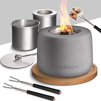Table Top Firepit with S'Mores Kit - Mini Fire Pit for Indoor & Outdoor - Smokeless Fire Pits for Outside - Smore Maker Tabletop Indoor Kit - Extendable Forks & Wooden Base- Concrete Round Mid Grey