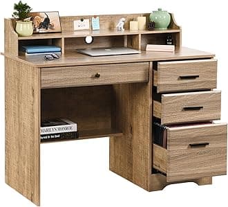HOMBCK Computer Desk with 4 Drawers and Storage, Small Office Desk with File Drawers and Hutch, Farmhouse Wood Writing Student Table for Home Office, Bedroom, Wooden Grey