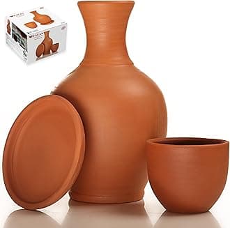 Terracotta Mud Jugs with Mug and Platter, Earthen Water Carafe Set, Pottery Jar for Drinking Water, 76 oz