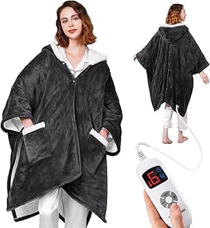Heated Blanket Throw Wearable - Reversible Flannel & Sherpa Electric Wrap with Pockets and Hood, 6 Heating Levels, 1-4H Timer & Auto Off, ETL Certified, Machine Washable, 50"x70", Grey