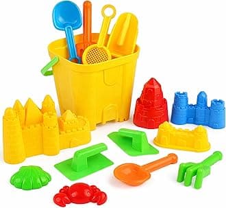 Liberty Imports 15 Piece Sand Castle Building Kit - Beach Toys Set with Large Bucket, Rake, Shovels, Molds and More
