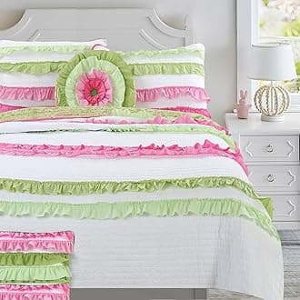 Cozy Line Home Fashions Pink Green Chic Ruffles Girl 100% Cotton Reversible Quilt Bedding Set, Coverlet, Bedspreads (Flamenco,Queen - 3 Piece)