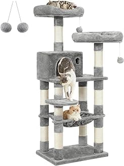 FEANDREA Cat Tree, Cat Tower for Indoor Cats, 56.3-Inch Cat Condo with Scratching Posts, Hammock, Plush Perch, Light Gray UPCT15W
