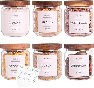 6 Set Glass Pantry Storage Jars with Acacia Airtight Lid - 15oz Thicken Glass Kitchen Canisters with 132 Pantry Labels - Clear Glass Food Storage Containers with Wood Lid for Tea,Sugar,Spice,herbs