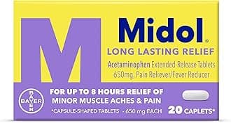 Midol Long Lasting Relief 20ct: Midol Long Lasting Relief, Menstrual Symptom Reliever & Fever Reducer, Caplets with Acetaminophen for Menstrual Pain Relief - 20 Count (Packaging May Vary)