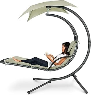 Outdoor Hanging Curved Steel Chaise Lounge Chair Swing w/Built-in Pillow and Removable Canopy - Sage