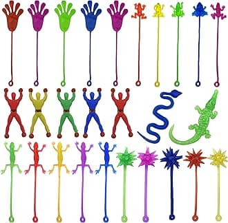 27PCS Multi-Color and Multi-Style Stretchy Sticky Toys Including Sticky Hands Wall Climbers Men Hammers Lizards Snake Crocodile and Skeletons for Kids Party Favors