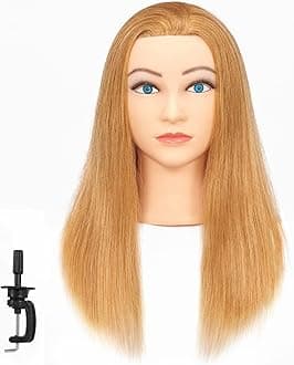 Mannequin Head 20"-22" 100% Human Hair Hairdresser Training Head Mannequin Doll Head Cosmetology Manikin Training Head Hair for Practice Cutting Braiding with Free Clamp Holder 92022W2714