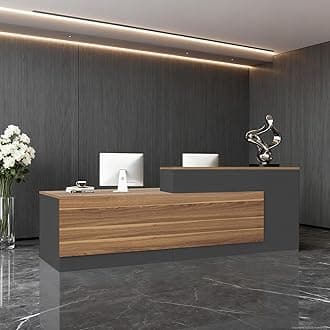 Modern L-Shaped Reception Desk with Hutch, Reception Counter Table, Lockable Drawer Door Cabinet, Office Wooden Computer Front Desk (European Oak+lron Gray-Right Cabinet, 87L*24" W*41" H)