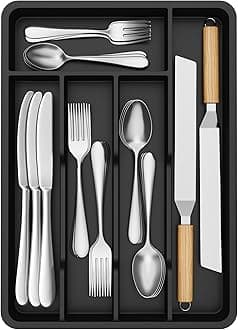 Silverware Drawer Organizer Tray, Plastic Cutlery Storage for Kitchen, Flatware and Utensil Holder Divider for Spoons Forks Knives Tableware, 9.5 x 13.4", 5 Slots, Black